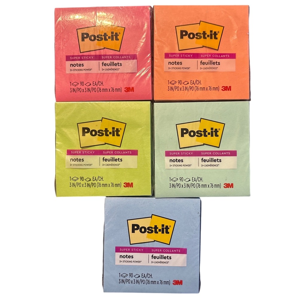 NEW Post-it Super Sticky Notes 3x3 90 Sheets Each Assorted Colors Lot of 5